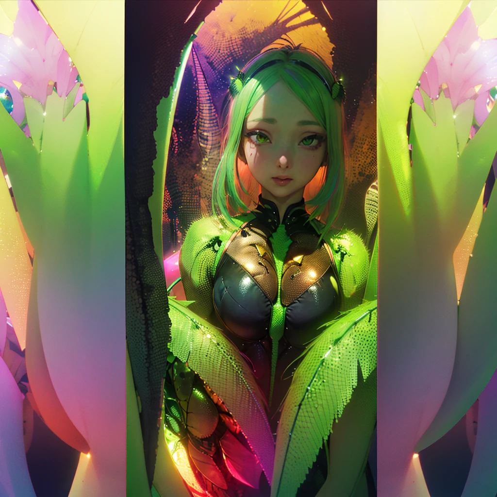 (A woman grasshopper(age 25) green with bright colored wings, rainbow chromatic compound eyes,  some hard chitinous plates, minimal clothing (SFW)) admiring flowers. Her UFO is nearby. Sunny