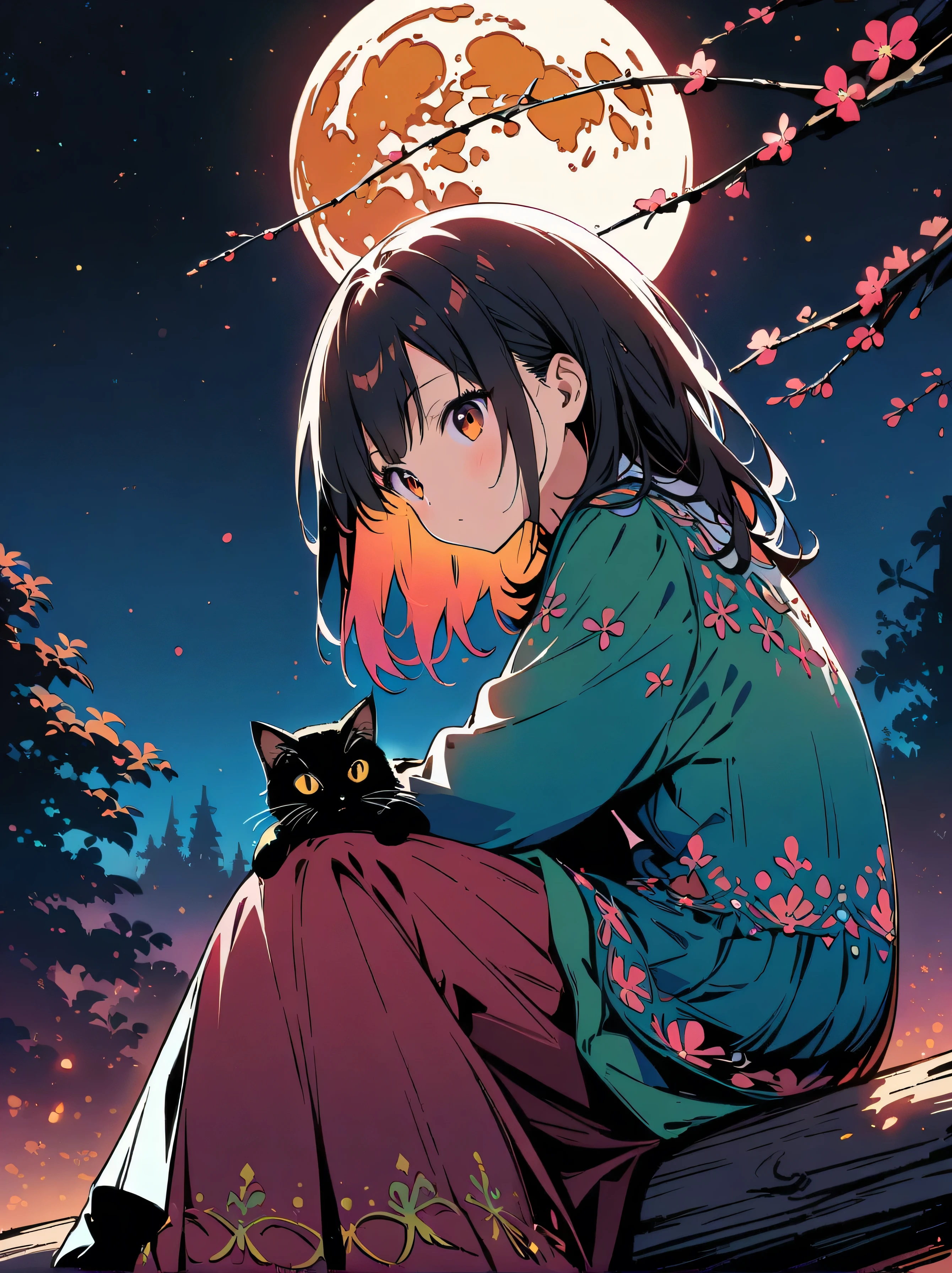 Romantic and sweet style，night，Backlight，Girl sitting on a branch，Holding a black cat，There is a big full moon behind，Fresh colors，Soft colors，Concept Art Style，Very intricate details，Clear distinction between light and dark，structured，Ultra HD