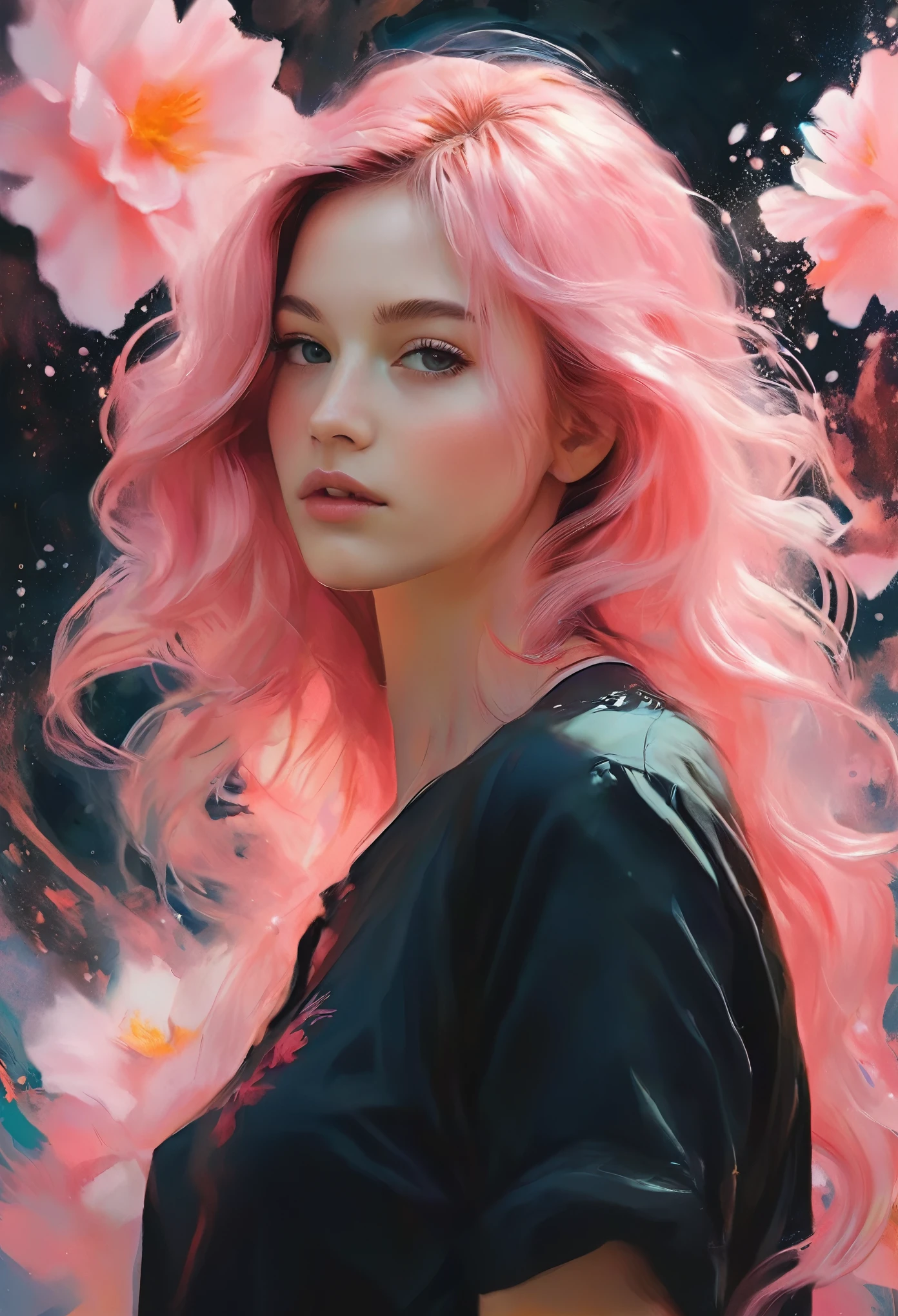 portrait d&#39;une femme aux cheveux longs et une chemise noire, portrait d&#39;illustration numérique, Dans le style artistique de Bouwater, Portrait de rose noire&#39;Joshi, portrait numérique, portrait d&#39;art numérique, Style artistique réaliste, Des portraits de haute qualité, 🤤 Portrait d&#39;une jeune fille, style artistique réaliste, # Les meilleures peintures numériques de tous les temps, #Les meilleures peintures numériques de tous les temps, Peinture numérique brillante