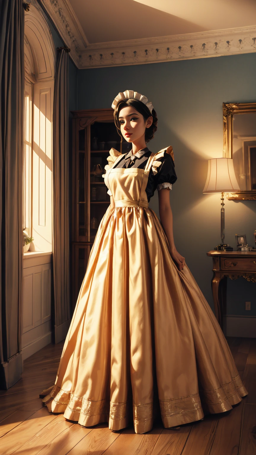beautiful detailed maid in maid clothes, 50s style, elegant mansion interior, hyper detailed, 8k, high quality, ultra realistic, realistic lighting, photorealistic, cinematic, highly detailed face and eyes, beautiful detailed dress, intricate details, chiaroscuro lighting, Dramatic shadows, warm color tones, golden hour lighting, ornate decor, luxurious furniture, parquet floors.