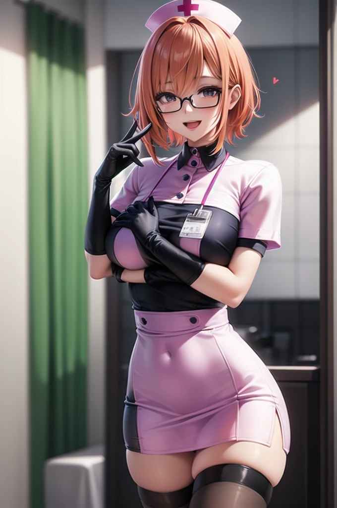 1girl, solo,black  nurse, black nurse cap, black wear, ((black legwear, zettai ryouiki)), black gloves, very short hair, orange hair, smile, open mouth, standing, ((hospital room)), sharp outline, short sleeves, tomboy, boyish, best quality, masterpiece,facial,Heart symbol、Uterus mouth、Fertilization, Glasses,Voice of the Heart,Breast milk,