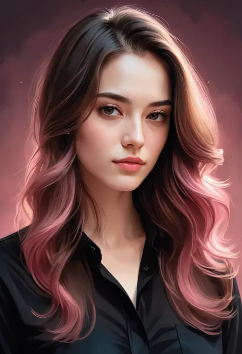Portrait of a woman with long hair and a black shirt, Digital illustration portrait, In the art style of Bouwater, Portrait of B...