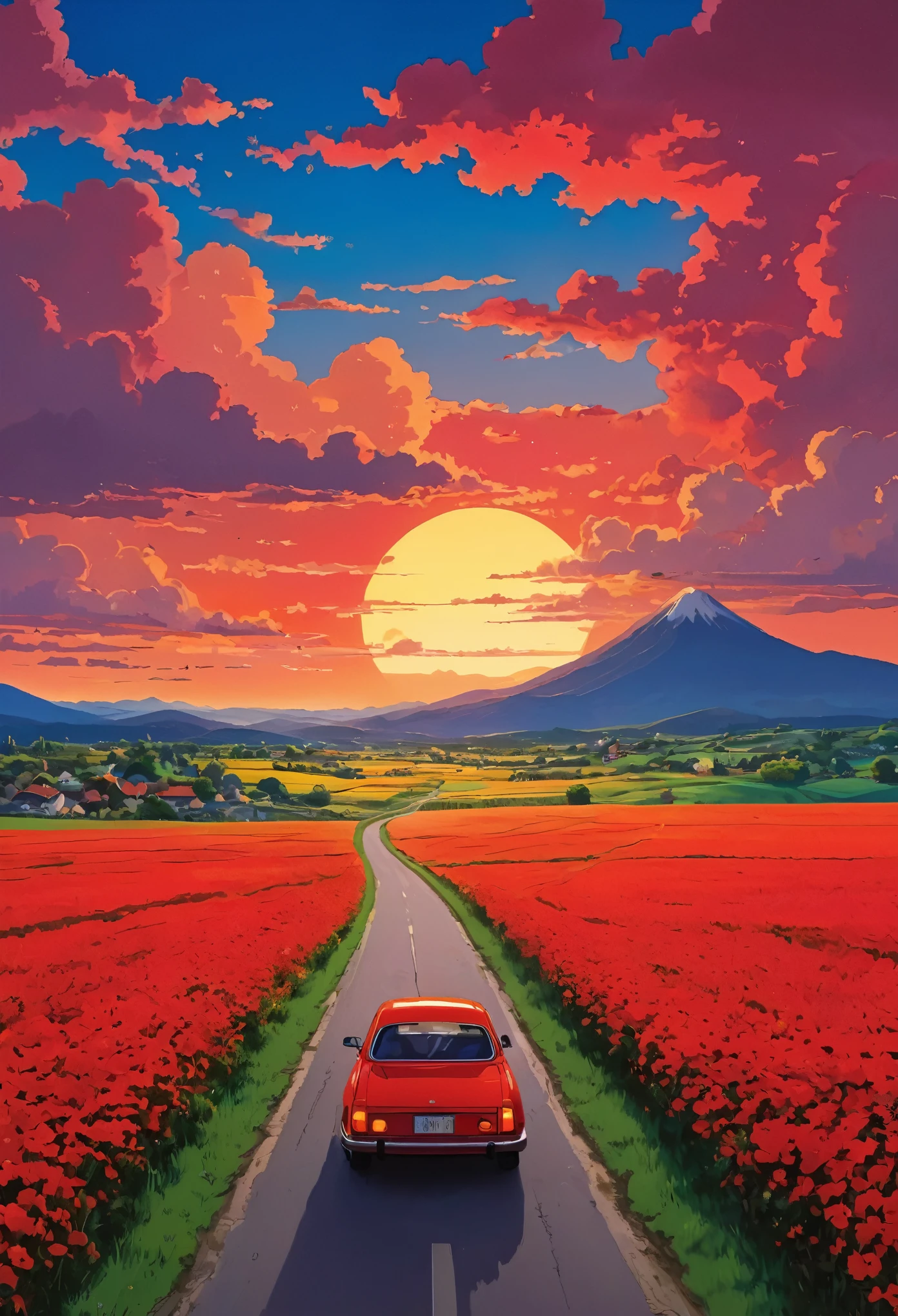 (Minimalism:1.4), There is a red car on the road, Studio Ghibli Art, Miyazaki, Pasture with red sky and red clouds, sunset view, road filled with flowers, vibrant colours 