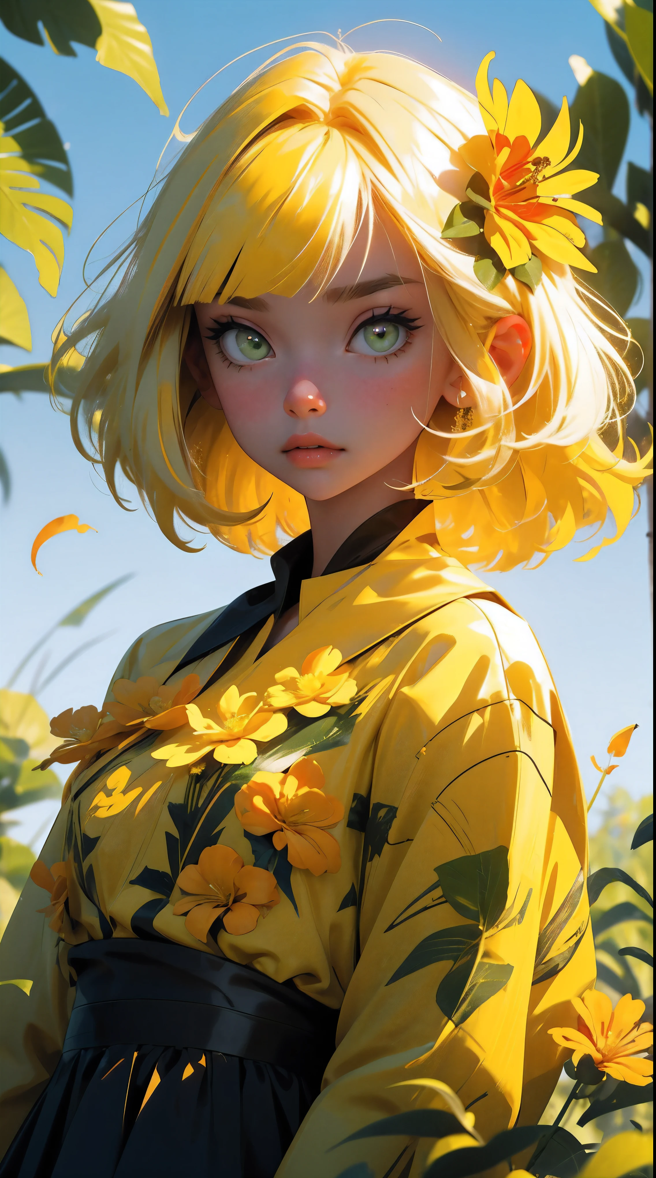 YXYcolor,1girl, only, yellow hair, Flower, hair ornament, hair flower, very long hair, upper body, bangs, Looking at the viewer, Simple background, leaf, Bob Cut, Plant, shirt, yellow shirt, blunt bangs, red flower, red lips, green eyes, tropical leaves on the background