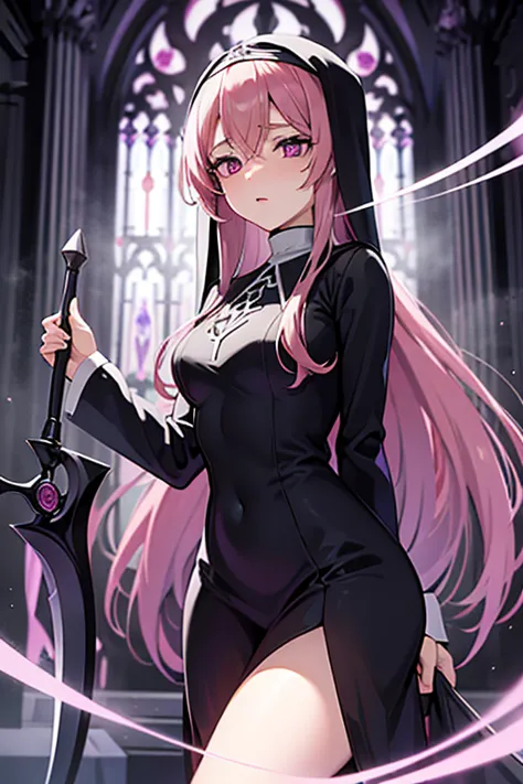 A pink haired nun with violet eyes with an hourglass figure in gothic robes is spinning her scythe in an ancient church
