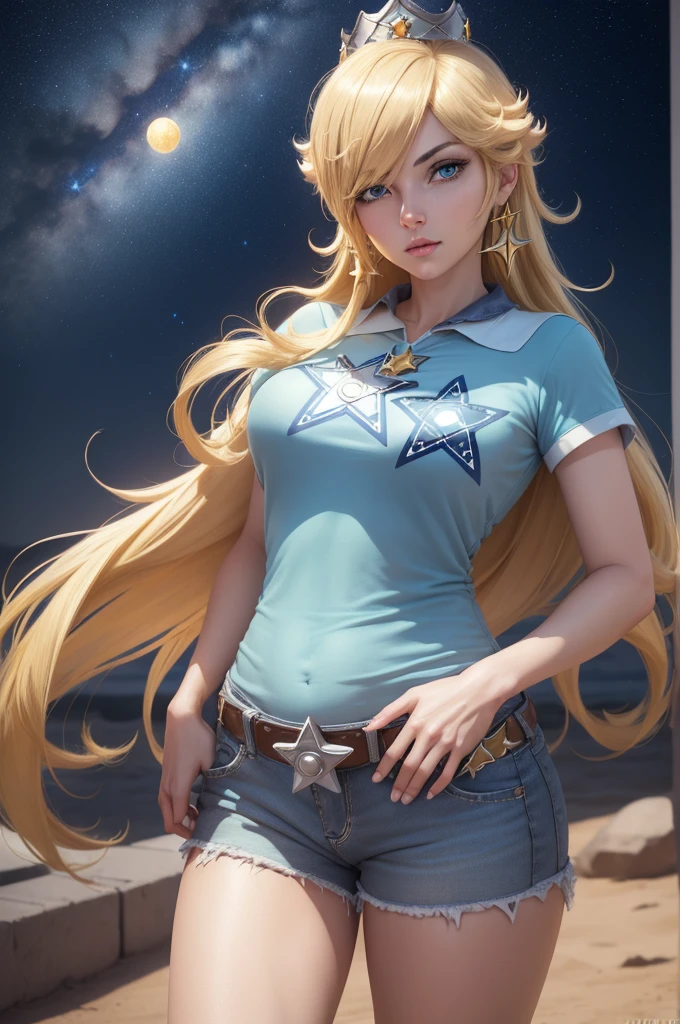 Rosalina, Rosalina, Blonde hair, blue eyes, hair over one eye, long hair, micro shorts, baseball shorts, blouse with star design, belly showing, crown, earrings, jewelry, princess, star earrings, BREAK night , night sky, sky , star\ (sky\), star \(symbol\), space, sun, BREAK looking at the viewer, (cowboy photo: 1.5), BREAK (art: 1.2), best quality, high resolution , 8k unity wallpaper, (art: 0.8), (beautiful detailed eyes: 1.6), extremely detailed face, perfect lighting, extremely detailed CG, (perfect hands, perfect anatomy),