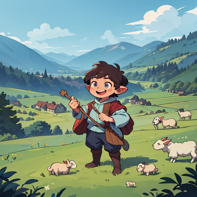 ((最高品質, 傑作)), ファンタジー, 中世の, 羊飼いの少年が笑いながら丘の上に立ち、谷で農業をしている村の人々を見渡している. 青空. 大きな二つの目