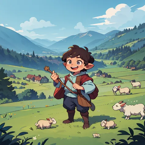 ((best quality, masterpiece)), fantasy, medieval, the shepherd boy laughing and standing on the hill with sheep looking over the...