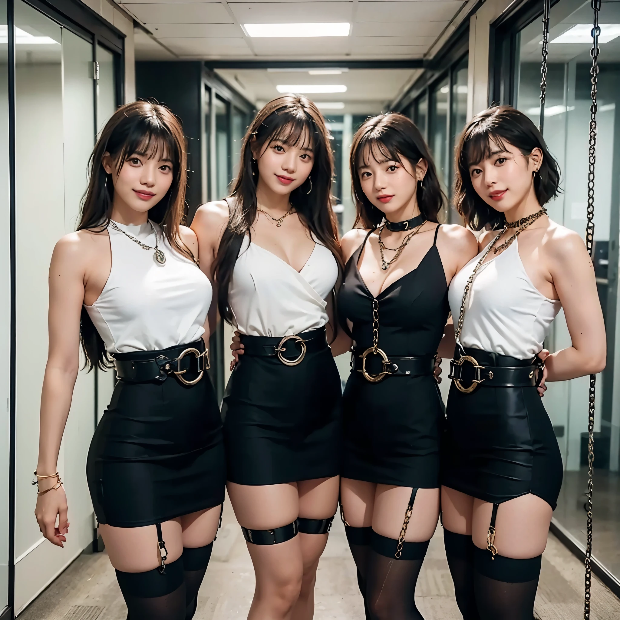 Three girls, (All wearing office suit), In a large office, (All smiling), Highest Resolution, masterpiece, Bangs down, ((Their bodies are all restrained by chain)), ((The chain is wrapped around the body)), ((Bondage)), ((Chalk Chain)), ((BDSM)), (upper body photo), All wearing earrings and choker