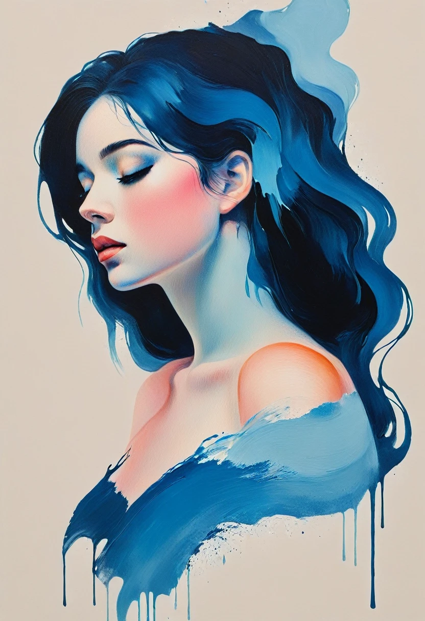 masterpiece, best quality, ultra high res, 1girl, portrait, (abstract art:1.4), (brush strokes), (colorful:1.1), bleeding blue, blue theme, nude girl, minimalistic illustration, smooth skin, graceful pose, elegant curves, delicate features, soft lighting, pastel colors, highres, psychological depth, emotional expression, subtle details, fine artistry, minimalist background, intimate atmosphere, ethereal beauty, artistic form, timeless masterpiece, fluid lines, creative composition