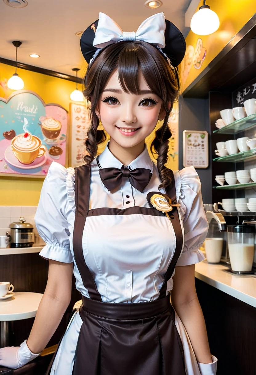 In a modern maid cafe decorated with cute cartoon murals, the maid dressed up as a waiter smiles and delivers freshly brewed coffee to customers. They are wearing colorful and improved versions of maid uniforms, with bows on their heads, creating a warm and dreamy atmosphere, (masterpiece, best quality, Professional, perfect composition, very aesthetic, absurdres, ultra-detailed, intricate details:1.3)