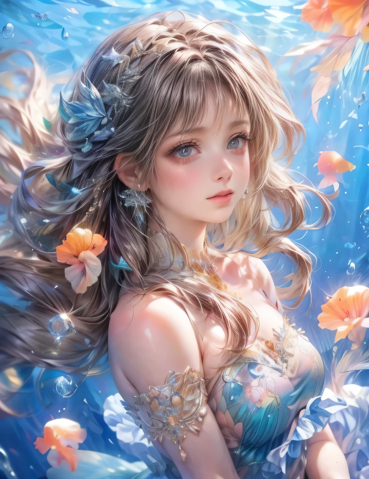 a beautiful mermaid with long flowing hair, (detailed mermaid, 1girl:1.2), (photorealistic, high quality, 8k, hyperrealistic, masterpiece:1.4),(intricate, highly detailed, complex, ornate:1.2), emerald green scales, delicate fins, ocean background with coral reef and schools of vibrant fish, dramatic underwater lighting, (magical, fantasy, ethereal:1.1), ultra-realistic face:1.2