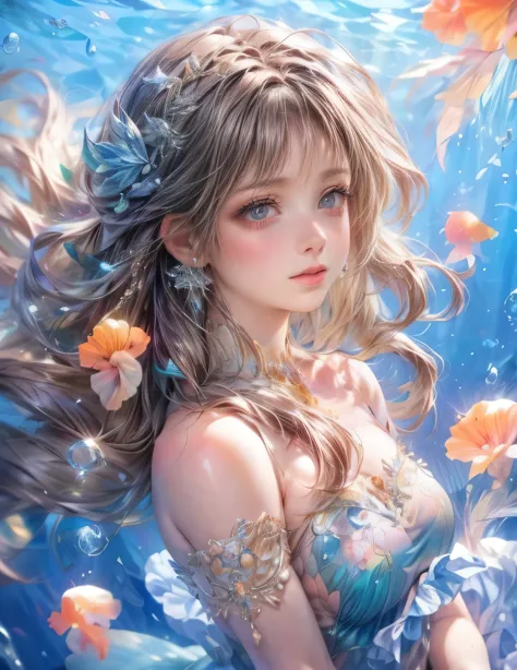 a beautiful mermaid with long flowing hair, (detailed mermaid, 1girl:1.2), (photorealistic, high quality, 8k, hyperrealistic, ma...