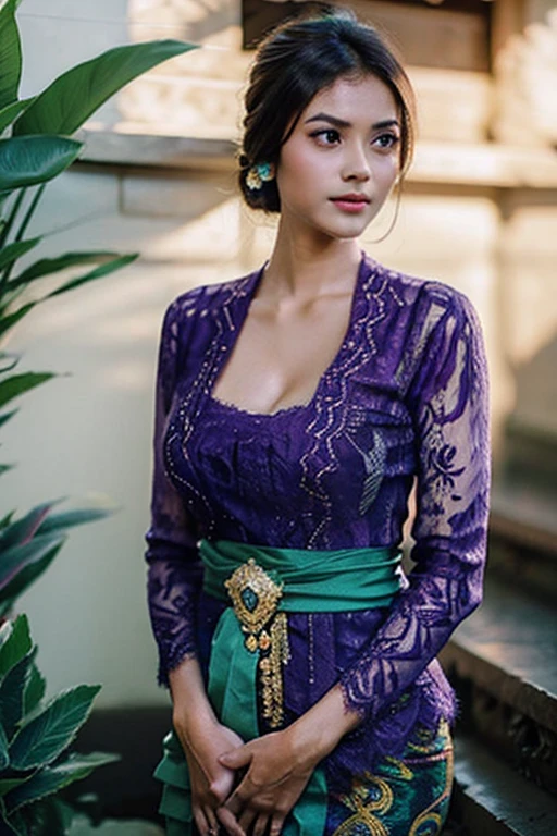 1 Indonesian-belgium girl, 25 years old, updo hair, green cupper hair colour, fit body, big breast, cleavage, skintight purple lace kebaya, batik long skirt, masterpiece, highly detailed, ultra hd, 8k, detailed face, bright eyes, perfect eyes, detailed skin texture, detailed lips, sexy lips, perfect hands, dynamic angle, cowboy shot