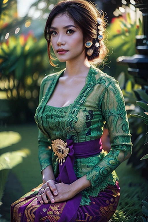 1 Indonesian-belgium girl, 25 years old, updo hair, green cupper hair colour, fit body, big breast, cleavage, skintight purple lace kebaya, batik long skirt, masterpiece, highly detailed, ultra hd, 8k, detailed face, bright eyes, perfect eyes, detailed skin texture, detailed lips, sexy lips, perfect hands, dynamic angle, cowboy shot