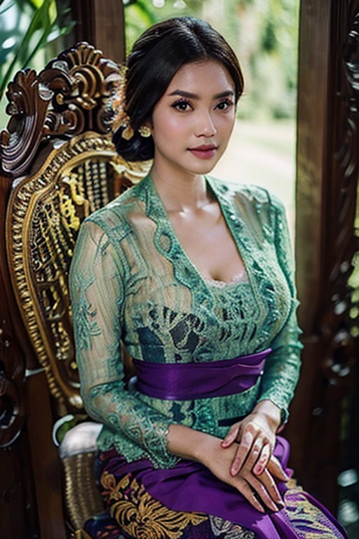 1 Indonesian-belgium girl, 25 years old, updo hair, green cupper hair colour, fit body, big breast, cleavage, skintight purple lace kebaya, batik long skirt, masterpiece, highly detailed, ultra hd, 8k, detailed face, bright eyes, perfect eyes, detailed skin texture, detailed lips, sexy lips, perfect hands, dynamic angle, cowboy shot