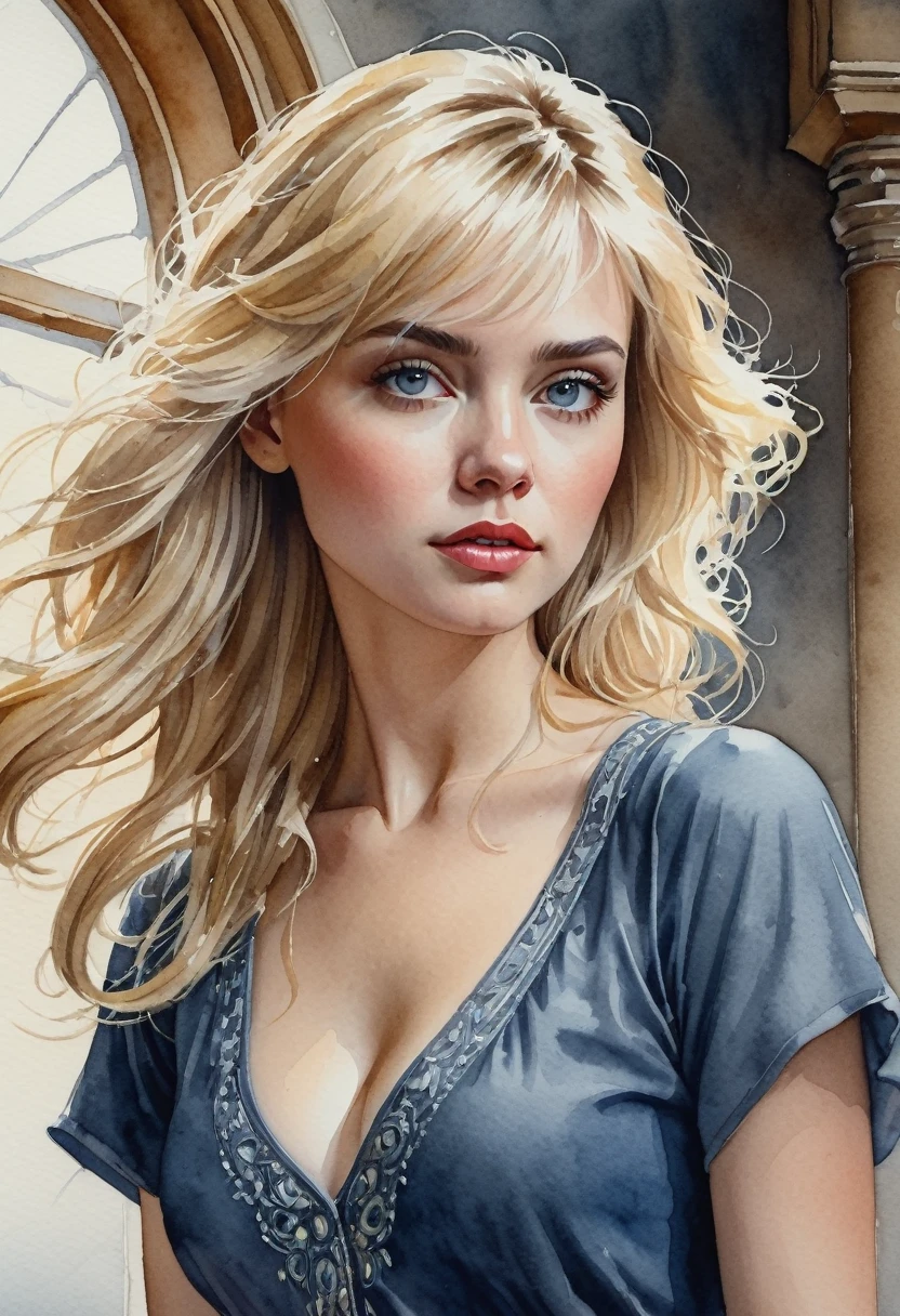 Beautiful blonde, Watercolor, trending on artstation, sharp focus, studio photo, intricate details, highly detailed, by greg rutkowski