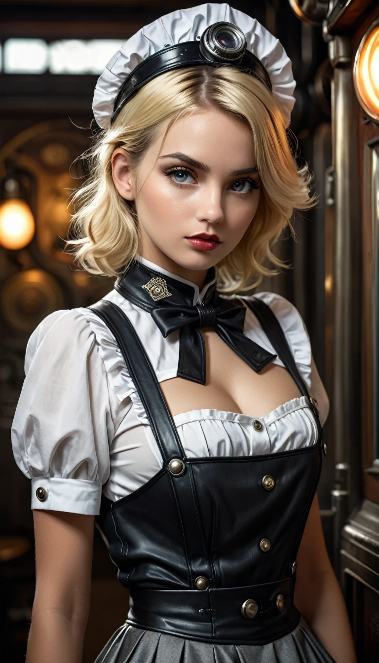 full body shot, a blonde woman, with dieselpunk (steampunk) maid outfit, modelshoot style, (extremely detailed CG 8k wallpaper unit), full body shot, photo of the most beautiful art in the world, majestic professional (photography by Steve McCurry), 8k uhd, dslr, soft lighting, high quality, film grain, Fujifilm XT3 sharp focus, f 5.6, high detail, sharp focus, dramatic, (wearing diselpunk maid outfit), (looking at the viewer:1.2),  (natural light),cleaning table, Cinematic Hollywood Film