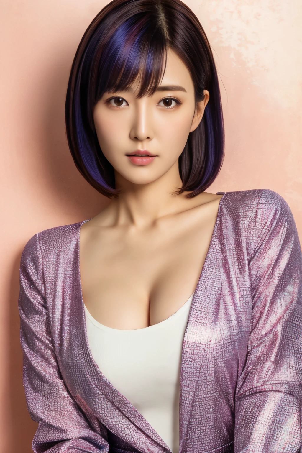 ((Colorful Hair)), Beautiful Japanese Woman, 1 person, 22 years old, Upper Body, suit, V-neck shirt, Shapely breasts, Cleavage, short hair, Straight hair, Looking into the camera, Highly detailed face and skin texture, highest quality, masterpiece, 8k, Realistic