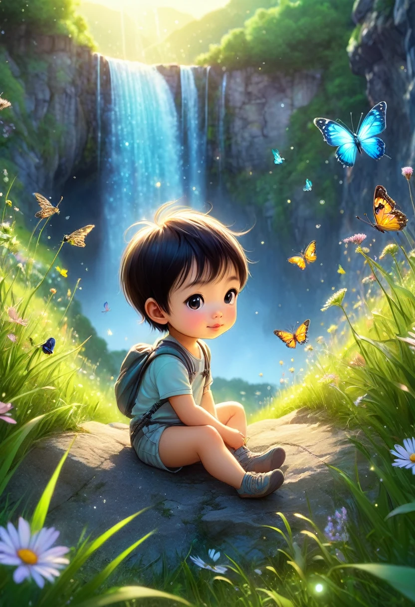 in the middle of two cliffs, a  pretty baby boy in a meadow plays with birds and butterflies, chibi style, full-length, realistic , tenderness and beauty, big cute sparkling eyes, a waterfall on the other side, soft mists with sparkles invades the surrounding, shimmering neon tones, aesthetically pleasing, soft lumen lighting, ultra detail, 16k, ultra high definition details,, Miki Asai Macro photography, close-up, hyper detailed, trending on artstation, sharp focus, studio photo, intricate details, highly detailed, by greg rutkowski