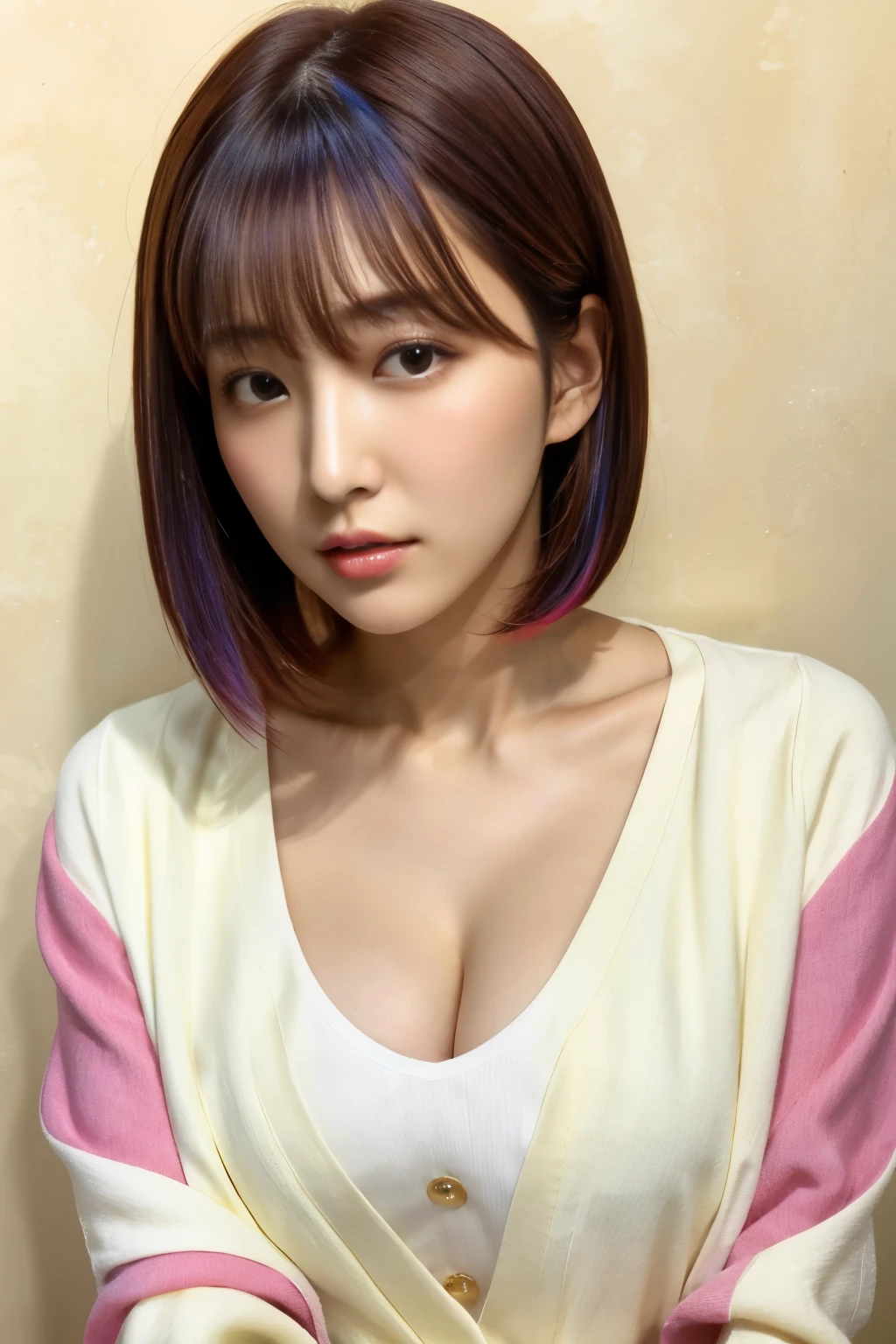 ((Colorful Hair)), Beautiful Japanese Woman, 1 person, 22 years old, Upper Body, suit, V-neck shirt, Shapely breasts, Cleavage, short hair, Straight hair, Looking into the camera, Highly detailed face and skin texture, highest quality, masterpiece, 8k, Realistic