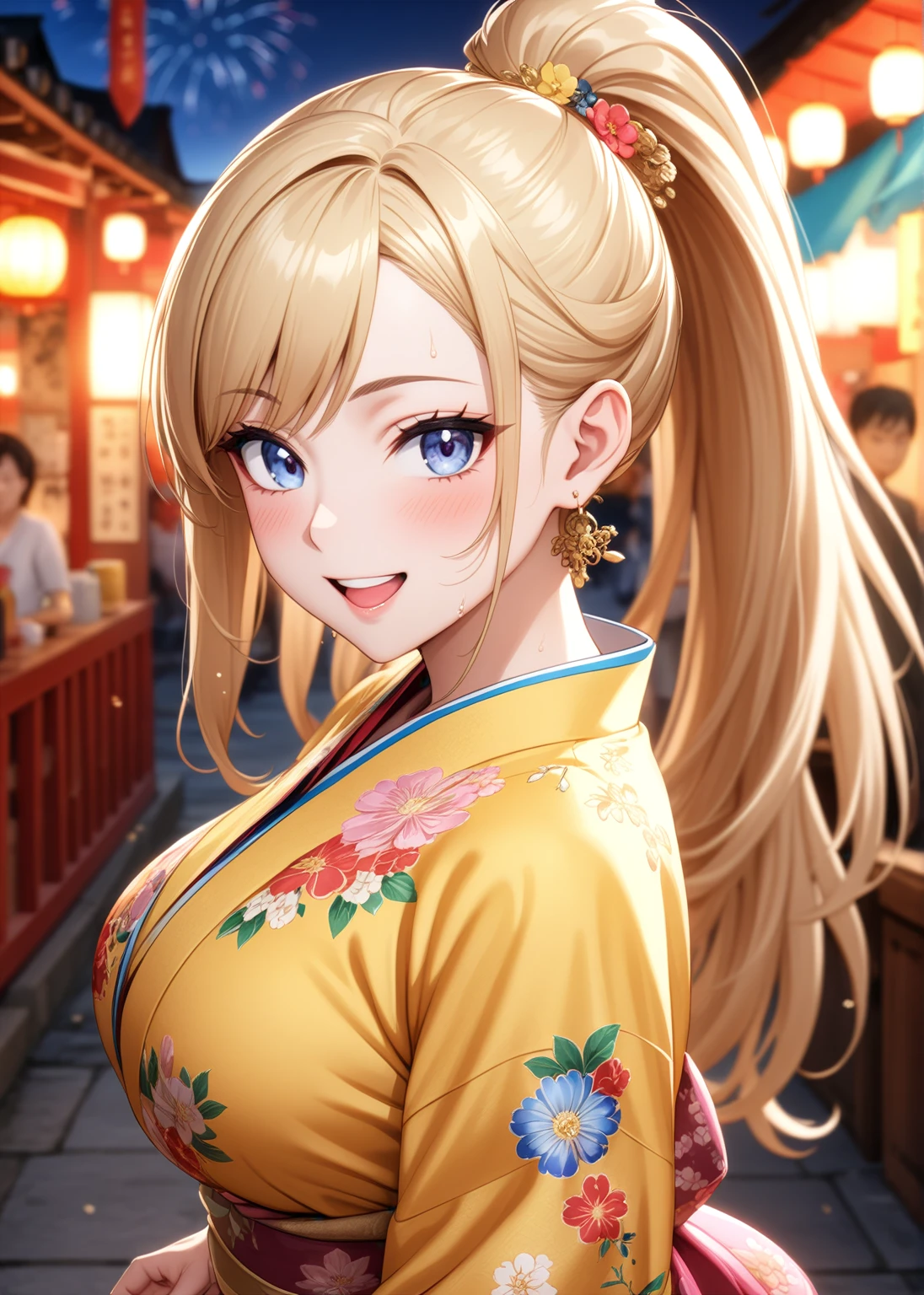 ((One woman)), Beautiful Face,Laughing embarrassedly,((Wink:1.6)),Laugh with a big mouth,Become bright red,Sweat on the face,Glossy pink lips,night,Shrine festival stalls,firework, ((Anime style background)),masterpiece, highest quality, so beautiful, up to date, Complex details, (Pink long nails),AI-generated, Complex,High resolution, highest quality, super high quality,3D Images、View the viewers、3D Images,one person,Long Blonde Hair,High Ponytail,blue eyes,Anime woman posing for a photo, [[Fine grain、Colorful eyes、Shining Eyes:1.15]],(Squint your eyes:1.1),a hyperRealistic , hyperRealistic , Realistic,Blonde anime woman with long hair, Smooth anime CG art, A woman in a colorful kimono with gold embroidery, (Yellow kimono),Pink floral pattern,Long flower hair ornament,Big earrings,(Large Breasts:1.2),Mature Body,tall,Big Ass,Fine details,Narrow waist,Six-pack,Photographed from diagonally above