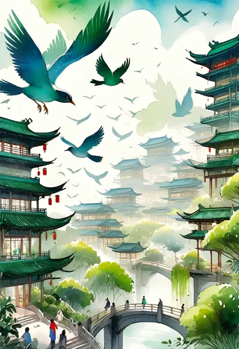 Watercolor poster showing a bird soaring, wings outstretched, over Xiong'an New Area, lush greenery enveloping state-of-the-art ...
