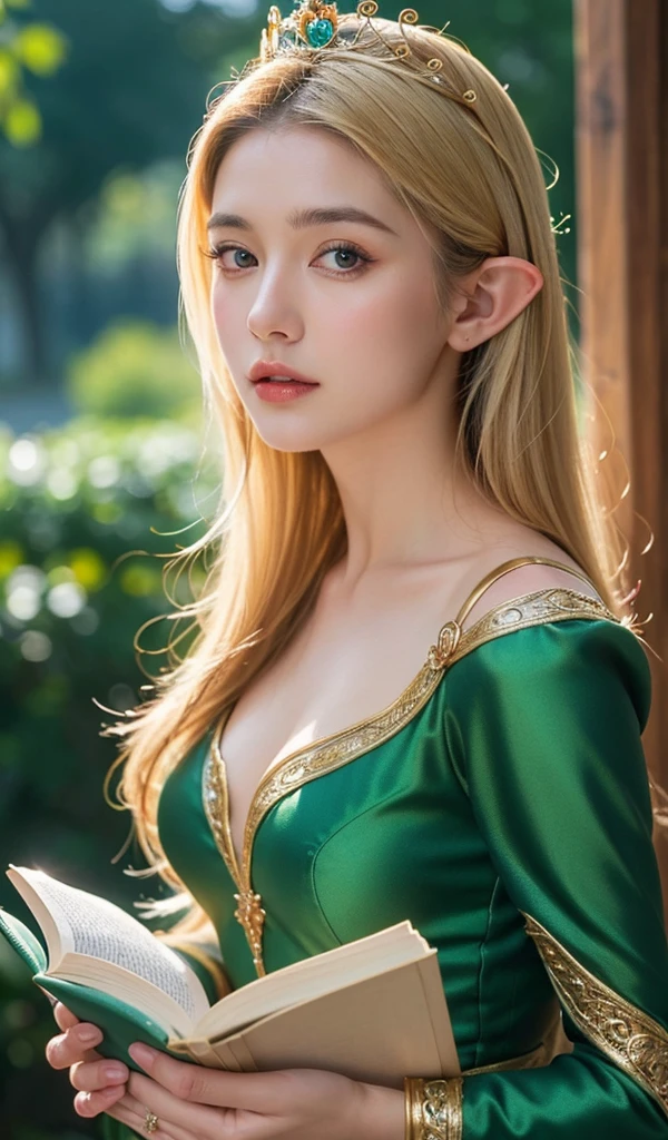 Close-up of a woman in a green dress holding a book, a character portrait inspired by Magali Villeneuve, Hot topics on artstation, Fantasyart, portrait of an elf queen, Belle peinture de personnage, Stunning character art, Epic and beautiful character art, blond-haired princess, medieval princess, fairy queen, fantasy art style, Side portrait of elven royalty