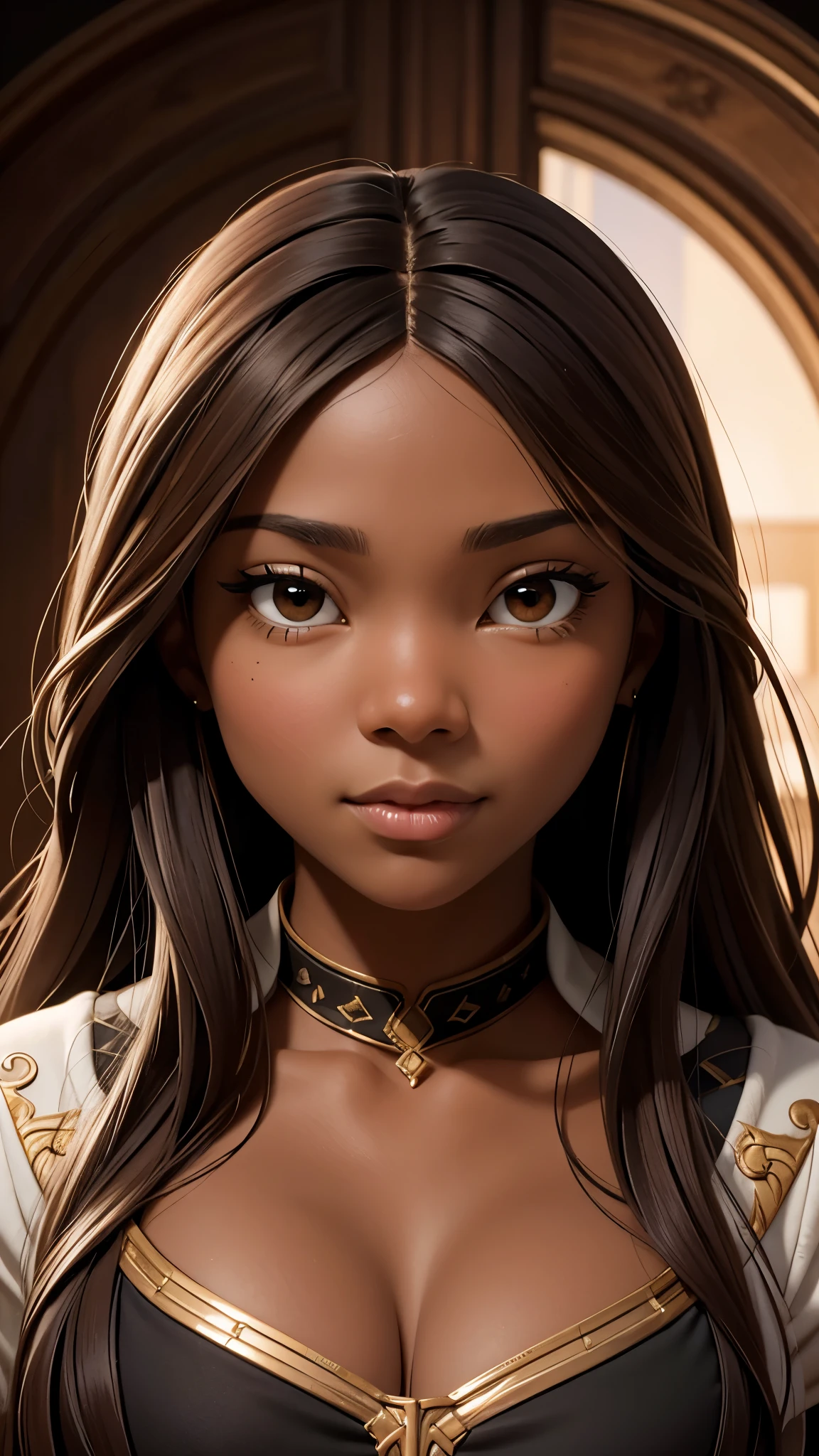 oil painting by Leonardo da Vinci, realistic photography, closeup face of Gabrielle Union with dark skin, long hair, her eyes are sweet and vibrant, her face symmetrical, rich coffee brown skin, soft torch luminosity on the face by REMBRADT, Adobe Illustration, Trending on Artstation, 8K, hd, cinematic, masterpiece, magnificent art, best quality, romanticism