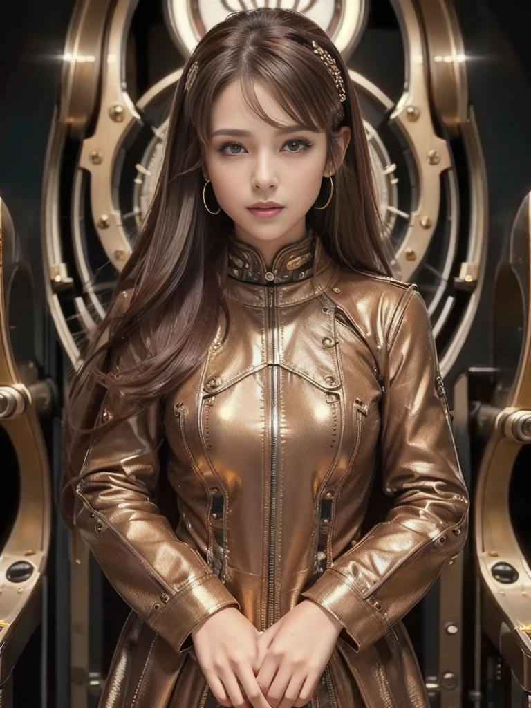 Face、serious、Lifelike face、Beautiful 27 year old woman、Light brown hair、Fashionable Hairstyle、Brown eyes、Brown Eyes、Smile、The background is real metallic high-octane