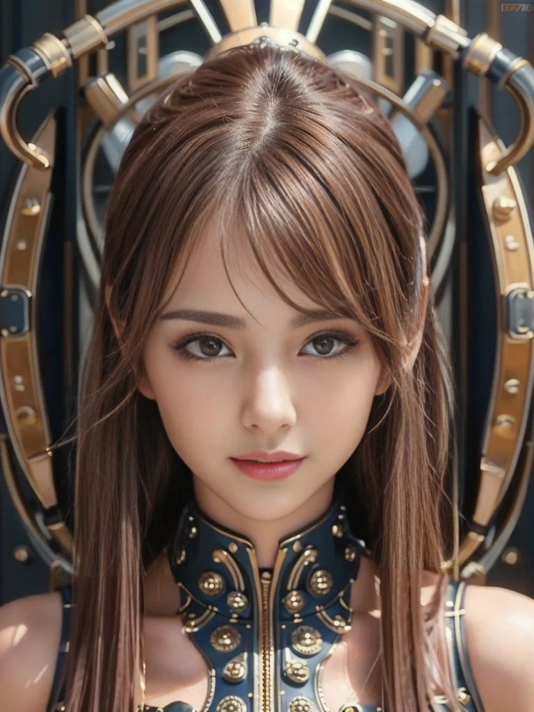 Face、serious、Lifelike face、Beautiful 27 year old woman、Light brown hair、Fashionable Hairstyle、Brown eyes、Brown Eyes、Smile、The background is real metallic high-octane