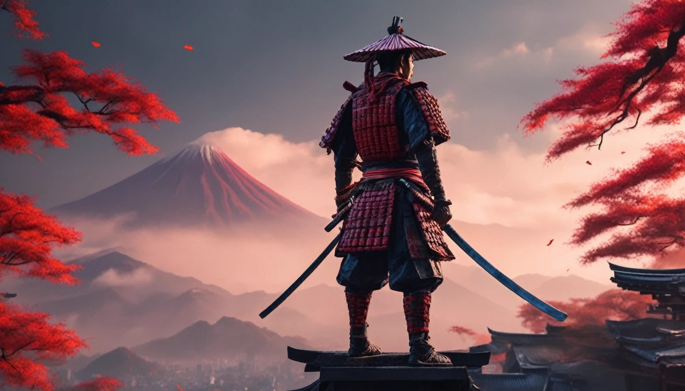 detaillierter Samurai-Krieger auf dem Dach,detaillierte japanische Architektur,Meisterwerk,hochdetaillierter Handwerker, der mit Werkzeugen arbeitet,Dynamische Komposition,filmische Beleuchtung,dramatische Atmosphäre,leuchtende Farben,fotorealistisch,beste Qualität,8k,highres