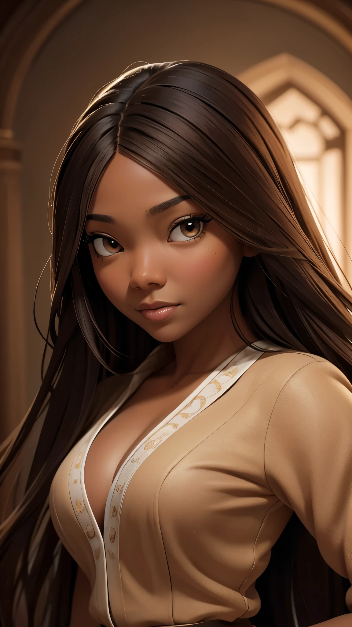 oil painting by Leonardo da Vinci, realistic photography, closeup face of Gabrielle Union with dark skin, long hair, her eyes are sweet and vibrant, her face symmetrical, rich coffee brown skin, soft torch luminosity on the face by REMBRADT, Adobe Illustration, Trending on Artstation, 8K, hd, cinematic, masterpiece, magnificent art, best quality, romanticism