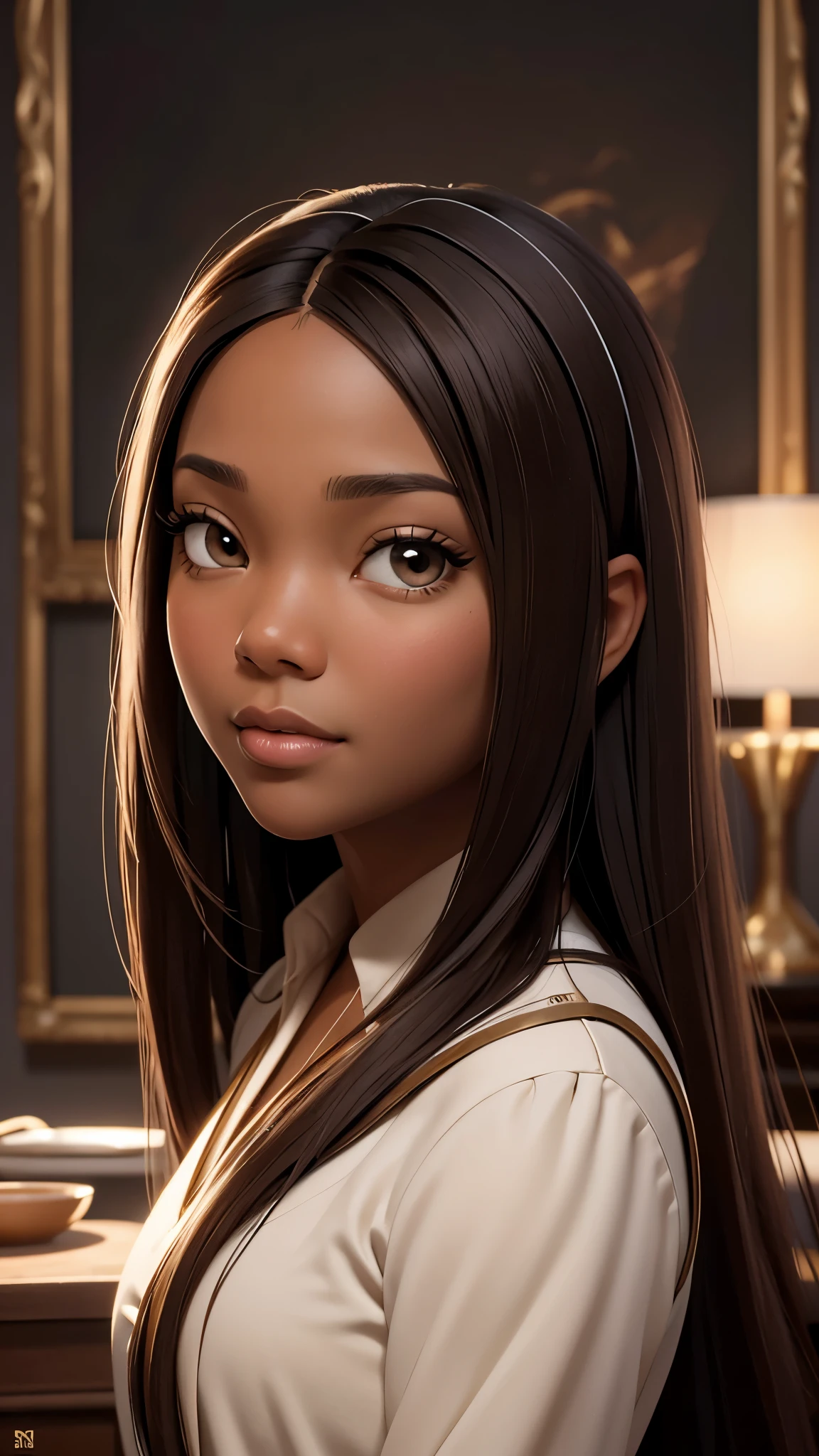 oil painting by Leonardo da Vinci, realistic photography, closeup face of Gabrielle Union with dark skin, long hair, her eyes are sweet and vibrant, her face symmetrical, rich coffee brown skin, soft torch luminosity on the face by REMBRADT, Adobe Illustration, Trending on Artstation, 8K, hd, cinematic, masterpiece, magnificent art, best quality, romanticism