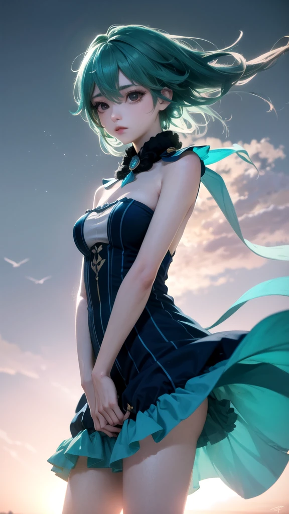 (High Detail:1.2) Anime Girl, (Cinematic Lighting, Delicate Colors), (Wind:1.2), Lighting Calm, Wind, Fog. Turquoise, delta tones.