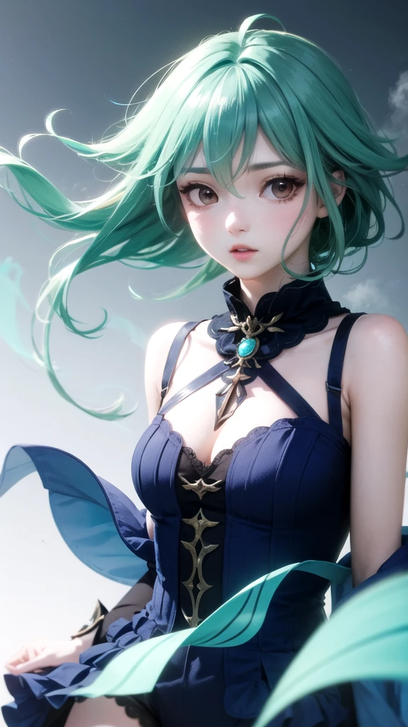 (High Detail:1.2) Anime Girl, (Cinematic Lighting, Delicate Colors), (Wind:1.2), Lighting Calm, Wind, Fog. Turquoise, delta tones.