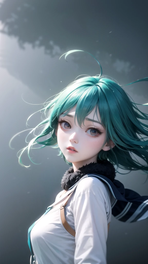 (High Detail:1.2) Anime Girl, (Cinematic Lighting, Delicate Colors), (Wind:1.2), Lighting Calm, Wind, Fog. Turquoise, delta tones.