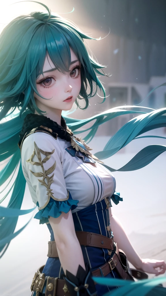 (High Detail:1.2) Anime Girl, (Cinematic Lighting, Delicate Colors), (Wind:1.2), Lighting Calm, Wind, Fog. Turquoise, delta tones.