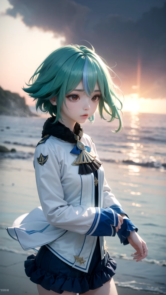 (High Detail:1.2) Anime Girl, (Cinematic Lighting, Delicate Colors), (Wind:1.2), Lighting Calm, Wind, Fog. Turquoise, delta tones.