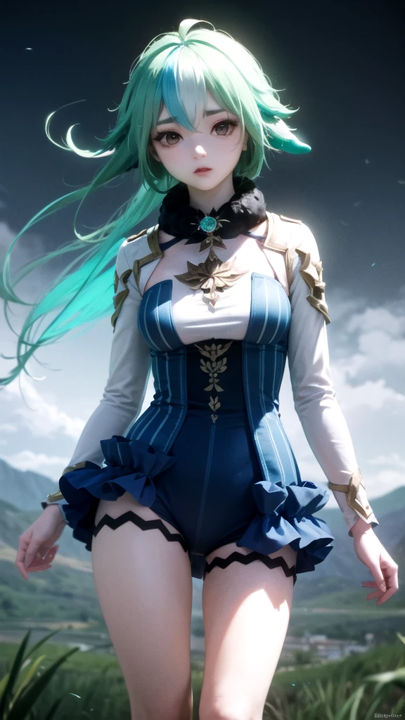 (High Detail:1.2) Anime Girl, (Cinematic Lighting, Delicate Colors), (Wind:1.2), Lighting Calm, Wind, Fog. Turquoise, delta tones.