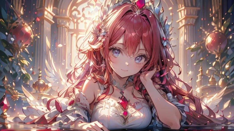 (masterpiece, Extremely detailed, exquisite, beautiful, Full HD, High resolution, disorganized), soft edge, soft lines, woman, charming princess, goblin, Happy, fun, smile, looking at the viewer, wavy hair, medium hair, Big eyes, white skin, beautiful breasts, slim, ruby crown, ruby earrings, ruby choker, with wings, white background, Objects with a ruby motif,From before, dynamic angle, shining light, dramatic lighting, warm lighting, soft lighting, Depth of the bounds written, fantasy, beautiful, dreamy atmosphere, (white and light red ball gown dress:1.1, pure white lace and frills,Dress with ruby motif), light red hair, purple eyes