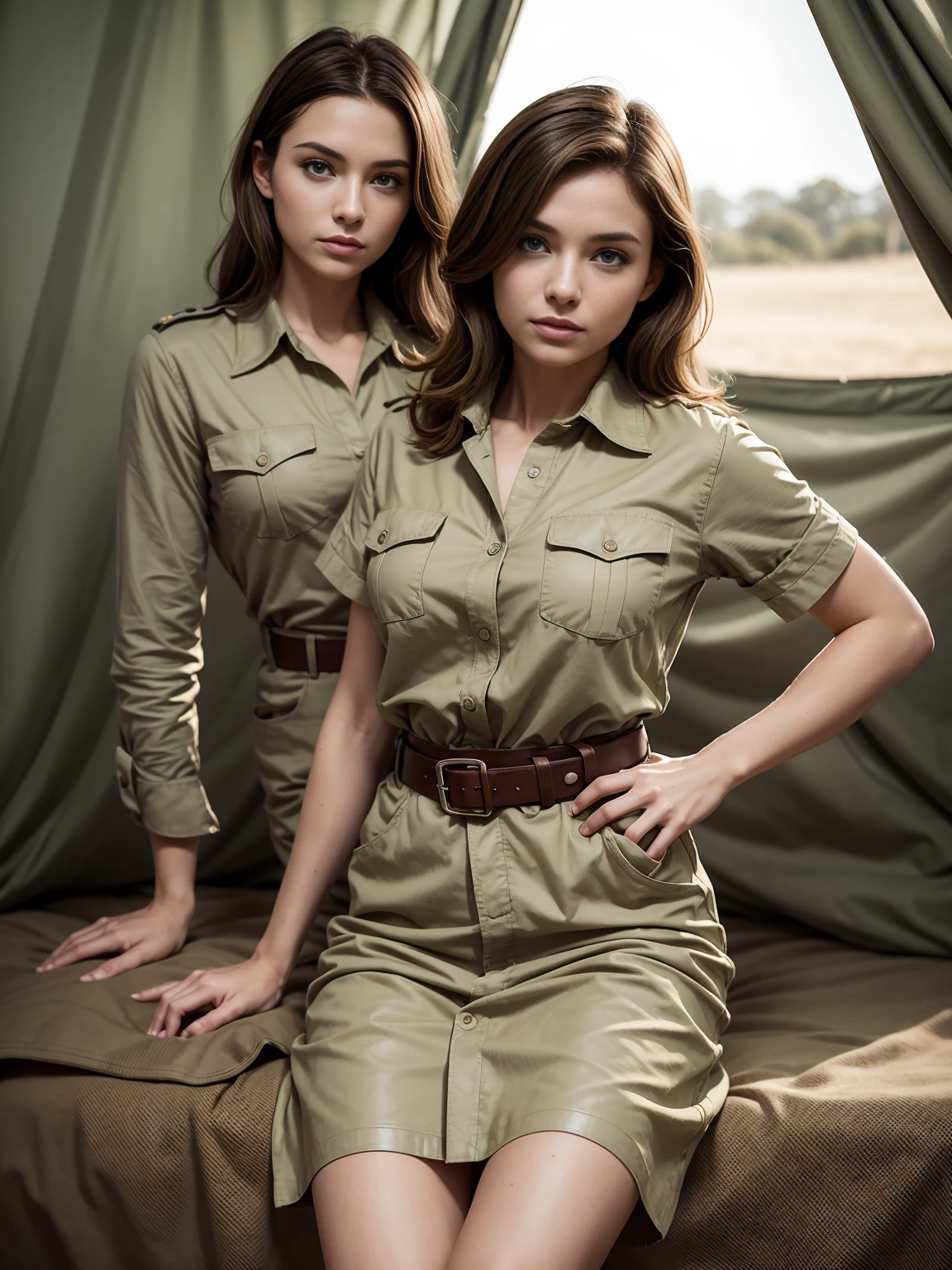Wide angle. Masterpiece, Uhd, An adventuress from the '40s.cotton sand-colored shirt,  Khaki cotton army long skirt,  leather belt, army boots. She’s on the field, in an army tent. Perfect anatomy, perfect hair, perfect breast, perfect body, perfect hands, perfect face, perfect eyes, accurate, anatomically correct, perfect clear and crisp focus, UHD, masterpiece, 