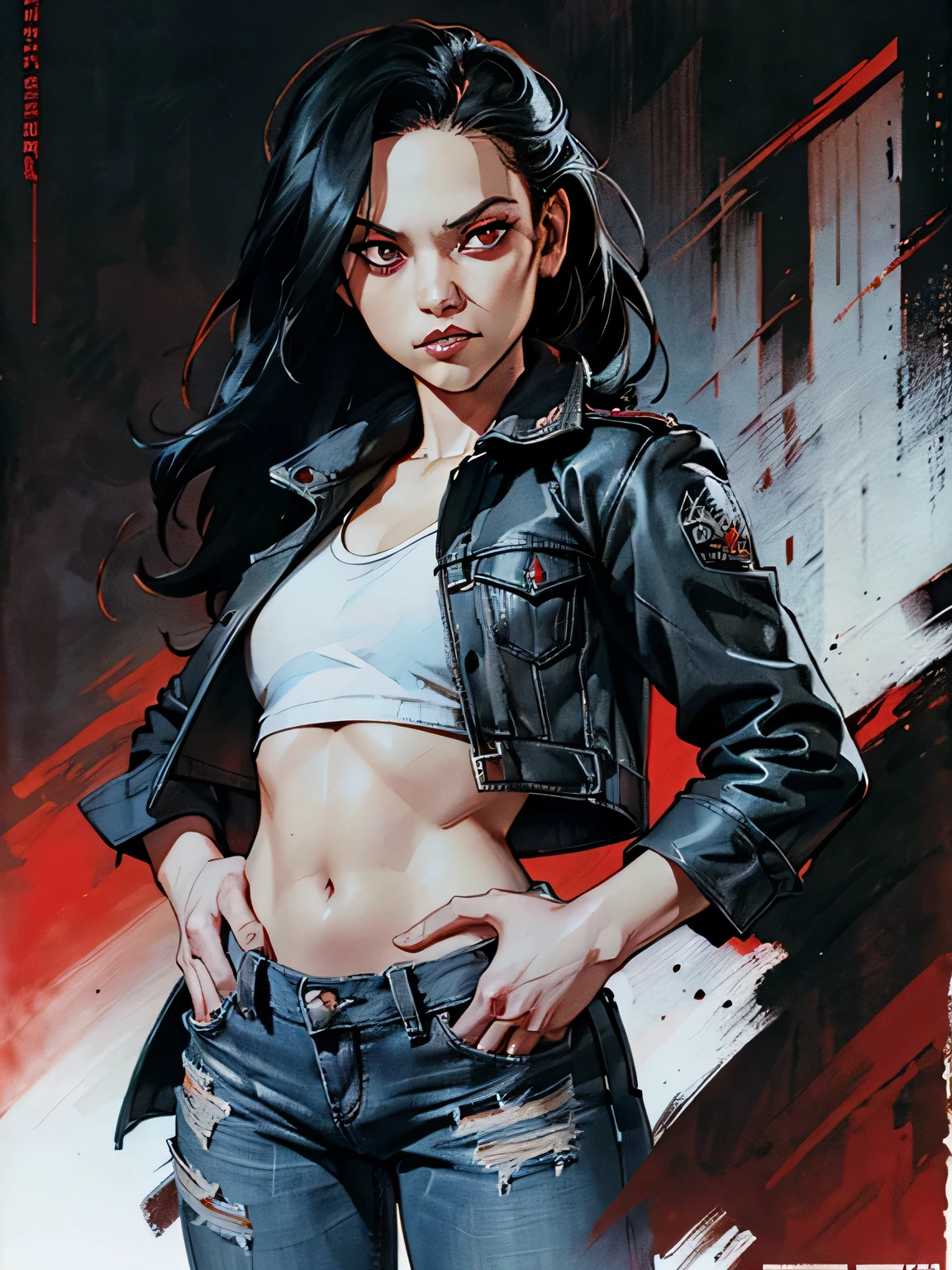 masterpiece, best quality, high resolution, draw, comic, hyper realism, jortega, alone, long hair, black hair, slim and athletic body, small breasts, vampire, ((red eyes)), fangs, ((wearing jeans and white crop top and black trench coat)), very soft light, black night, concept art, horror, dark, very dark, art by Yoji Shinkawa, ink and watercolor, ((concept-art)), ((red and black background))