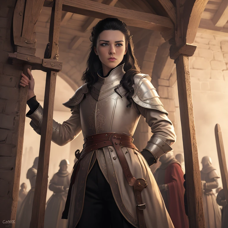 score_9, score_8_up, score_7_up, score_6_up, score_5_up, Carmilla Bolton from Game of Thrones, black hair, sexy, in a medieval guard uniform posing, guard coat, guard trousers, (masterpiece, best quality:1.2), Next to a saint Andrews cross, stockade, torture chamber, medieval, (insanely detailed, beautiful detailed, masterpiece, best quality), (insanely detailed, masterpiece, best quality) woStoya