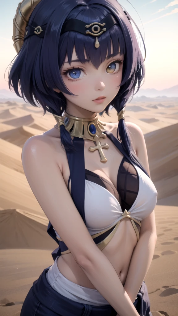 (High Detail:1.2) Anime Girl, (Cinematic Lighting, Delicate Colors), (Desert:1.2), Lighting Calm, Wind, Fog. Turquoise, delta tones.