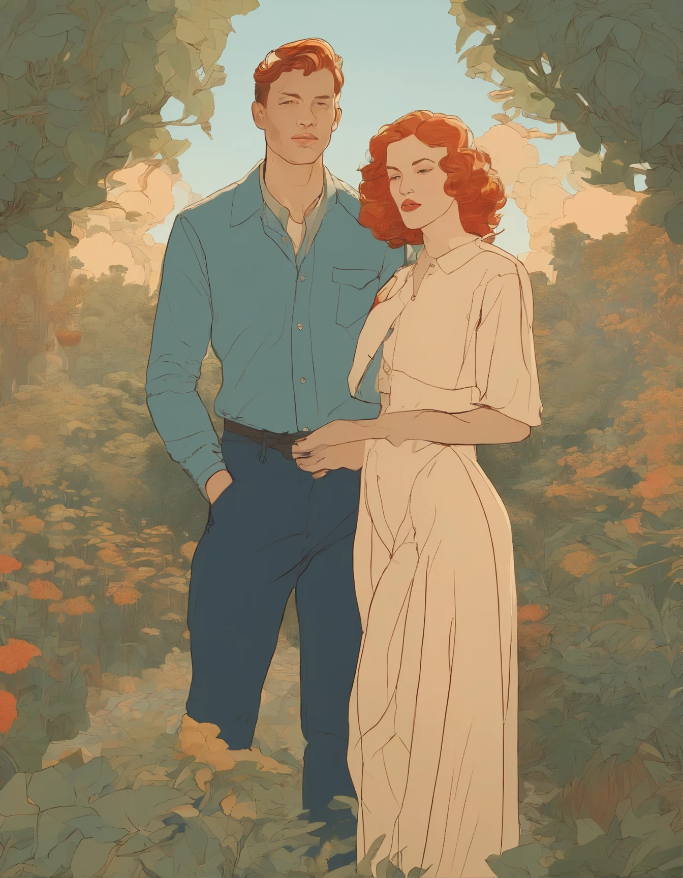 illustration of a woman and a man standing in a garden, concept art by James Jean, trending on pixiv, art nouveau, botticelli and victo ngai, laurie greasley and james jean, james jean marc, james jean art, jordan grimmer and james jean, james jean and victo ngai, brittney lee