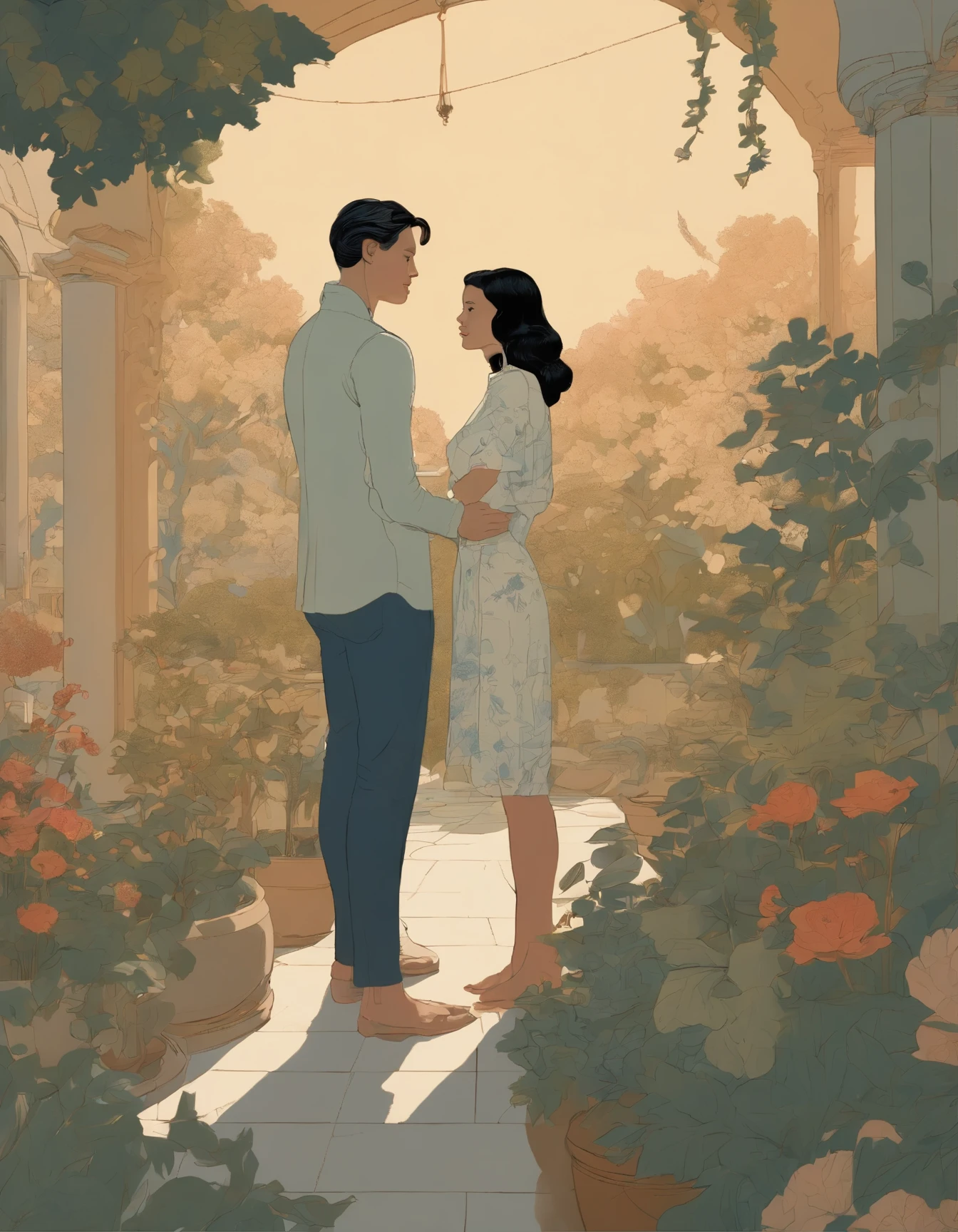 illustration of a woman and a man standing in a garden, concept art by James Jean, trending on pixiv, art nouveau, botticelli and victo ngai, laurie greasley and james jean, james jean marc, james jean art, jordan grimmer and james jean, james jean and victo ngai, brittney lee