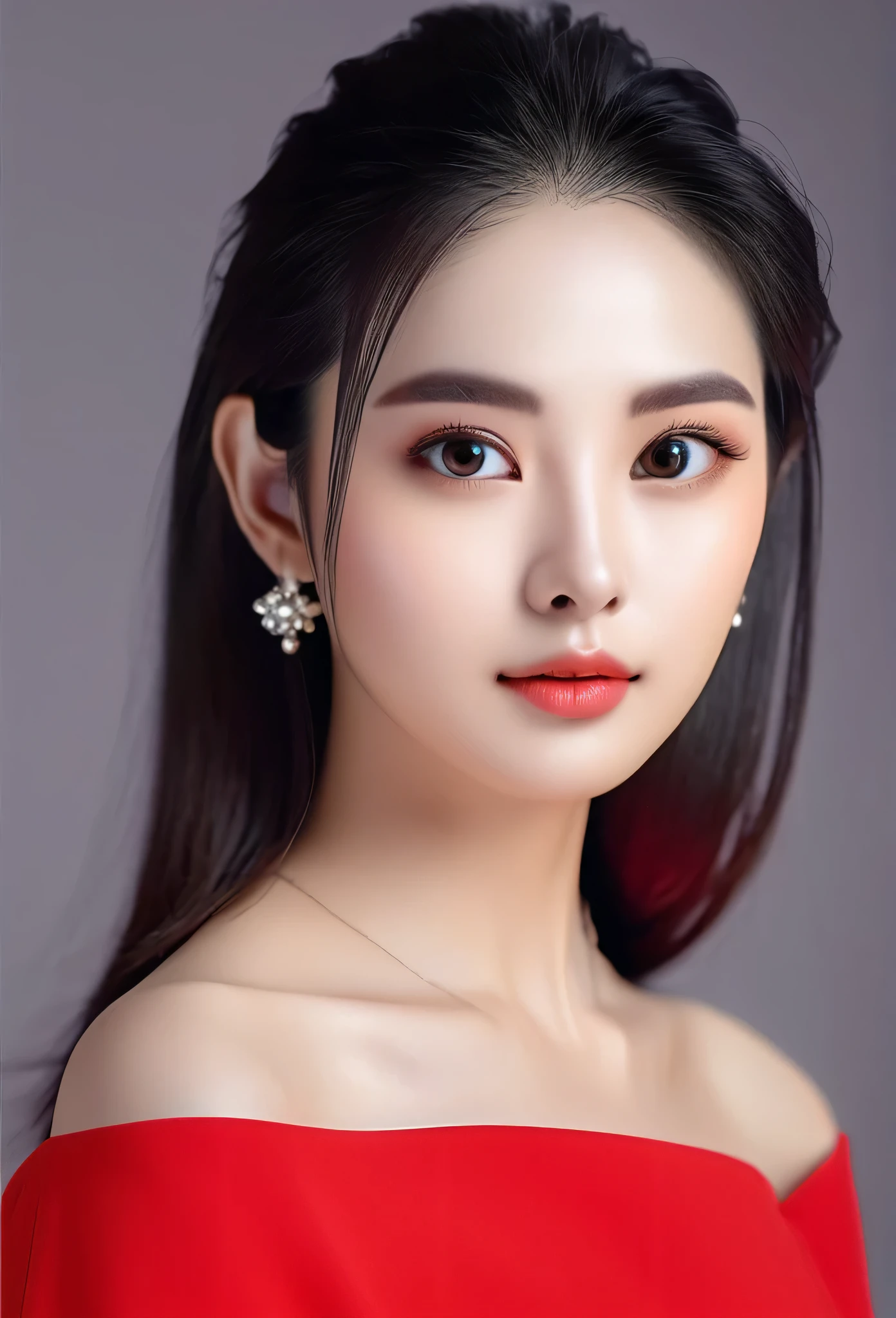 A beautiful girl with big eyes, long eyelashes, fair and tender skin, black and shiny hair, and a positive face. She is wearing red clothes that are not exposed. The background picture is elegant, and the whole picture is clear and high-definition.