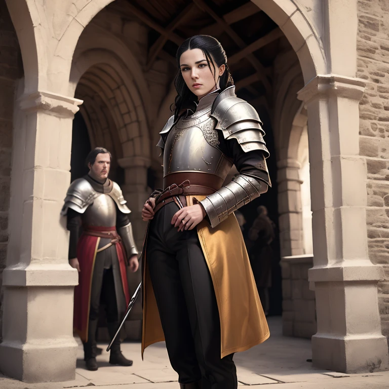 score_9, score_8_up, score_7_up, score_6_up, score_5_up, Carmilla Bolton from Game of Thrones, black hair, sexy, in a medieval guard uniform posing, guard coat, guard trousers, (masterpiece, best quality:1.2), In town square stockade, medieval, (insanely detailed, beautiful detailed, masterpiece, best quality), (insanely detailed, masterpiece, best quality) woStoya
