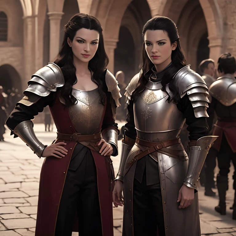 score_9, score_8_up, score_7_up, score_6_up, score_5_up, Carmilla Bolton from Game of Thrones, black hair, sexy, extremely detailed artgerm, teasing smile, in a sexy medieval guard uniform posing, guard coat, guard trousers, (masterpiece, best quality:1.2), In town square stockade, medieval, (insanely detailed, beautiful detailed, masterpiece, best quality), (insanely detailed, masterpiece, best quality) woStoya